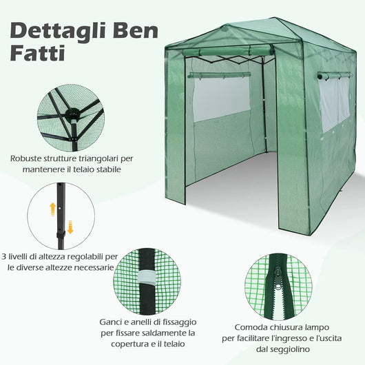 Serra per da Giardino 180 x 250 x 230 cm, Serra per Orto e Piante con Telaio Robusto, 2 Finestre Grandi e 2 Porte Arrotolabili con Doppia Cerniera, Serra da Eterno Pieghevole