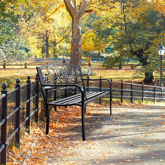 Panchina da Esterno, Panchina in Metallo Verniciato con Schienale Bello, Sedile Ampio e Braccioli Ergonomici, Panca da Giardino, Balcone e Cortile, 126 x 60 x 85 cm (Nero)