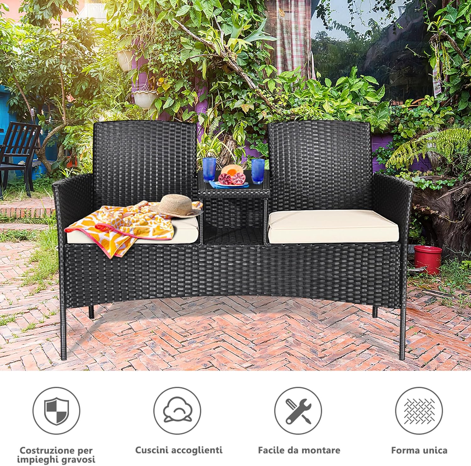 Poltrona da Patio con Tavolo in Vetro Temprato, Set di Mobili in Rattan PE Resistente All’usura con Struttura in Metallo, Cuscini Spessi, per Esterni Giardino Piscina Cortile (Bianco)