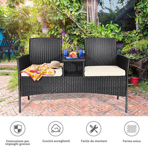 Poltrona da Patio con Tavolo in Vetro Temprato, Set di Mobili in Rattan PE Resistente All’usura con Struttura in Metallo, Cuscini Spessi, per Esterni Giardino Piscina Cortile (Bianco)