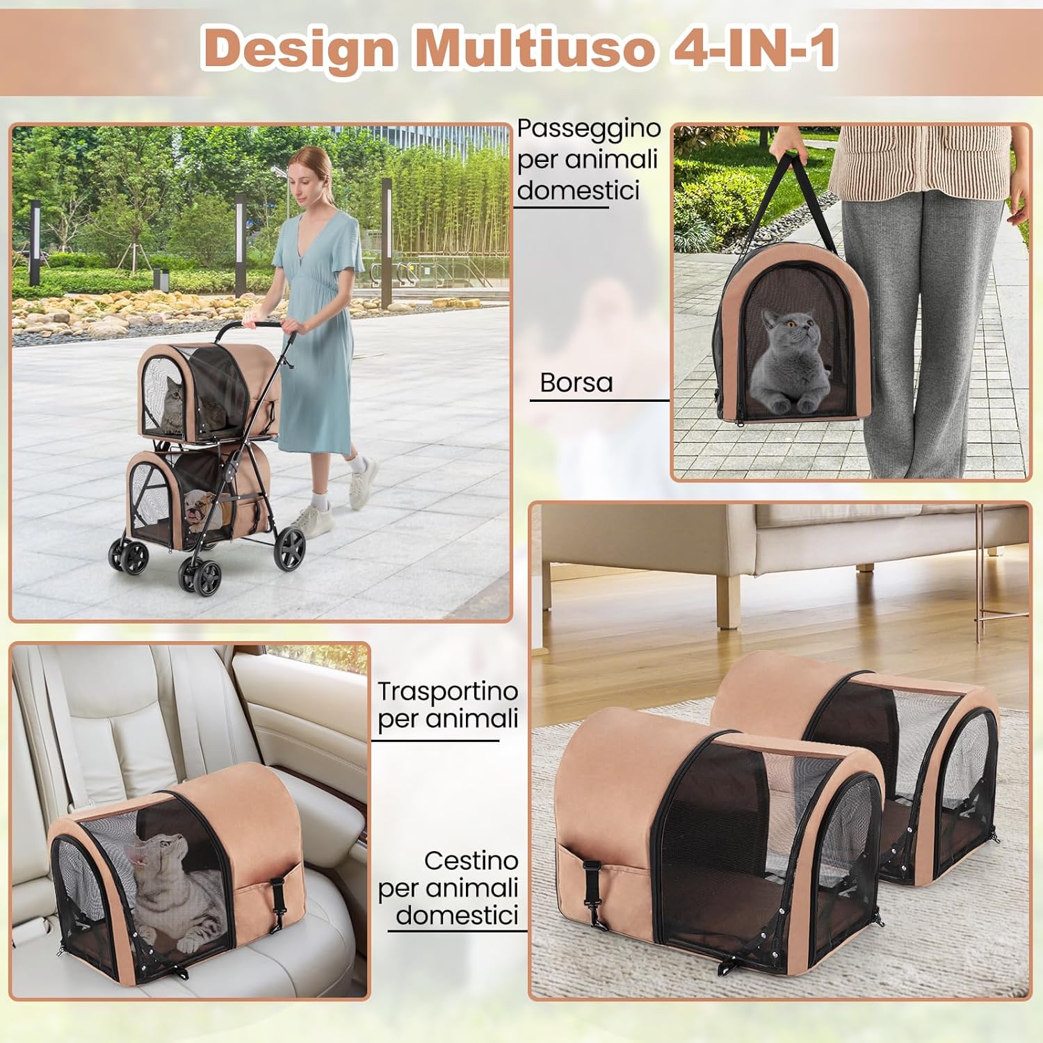 Passeggino per Cani Pieghevole, Carrozzina per Cani Multifunzionale 4 in 1 a Doppio Livello, Passeggino Smontabile con Ruote, Ideale per Passeggiata Viaggio e Shopping (Beige)