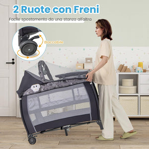 3-in-1 Lettino da Campeggio per Bambini, Lettino Portatile per Neonati con Fasciatoio, Culla Pieghevole con Materasso e Borsa da Trasporto, 2 Ruote Bloccabili, per Bambini 0-36 Mesi