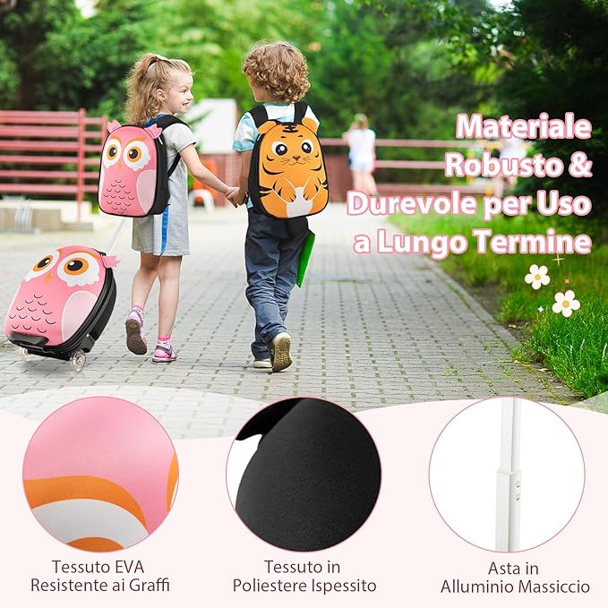 2 Pezzi Valigia per Bambini con Maniglia Retrattile + Zaino Bagaglio a Mano, con ruote girevoli a 360 ° (gufo 3)