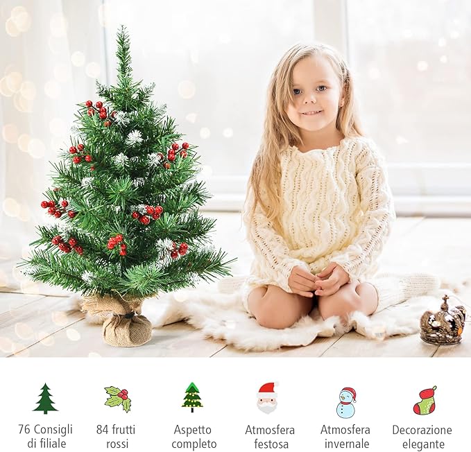 Mini Albero di Natale 60/90 cm, Albero di Natale Piccolo con Rami in PVC,12/15 Grappoli di Bacche Rosse, per Casa, Ufficio e Negozio (60 CM)