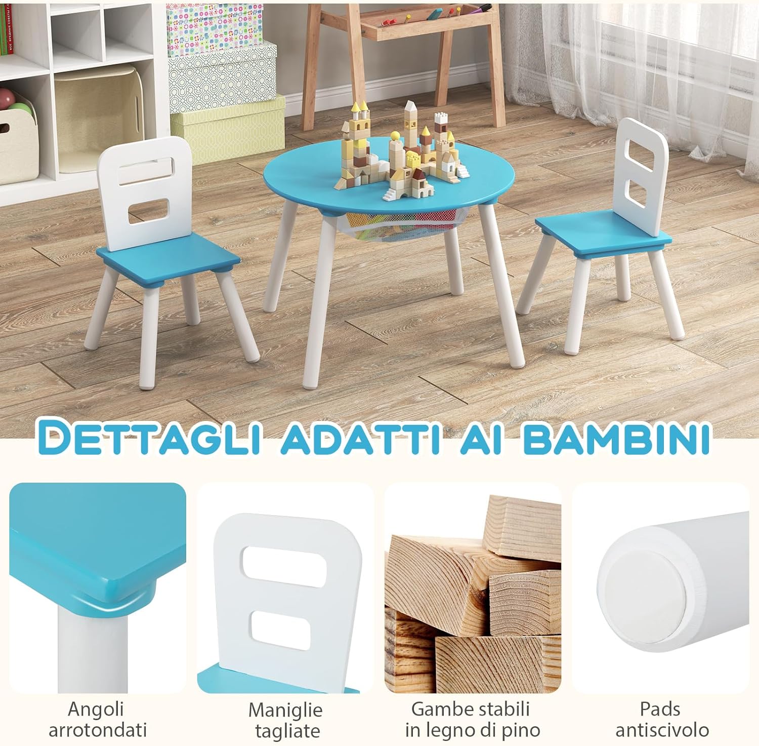 Set Tavolino Bambini con 2 Sedie, Set Tavolo e 2 Sedie Montessori con Borsa a Rete e Schienale Ergonomico, Mobile per Cameretta per Bambini di 3-7 anni