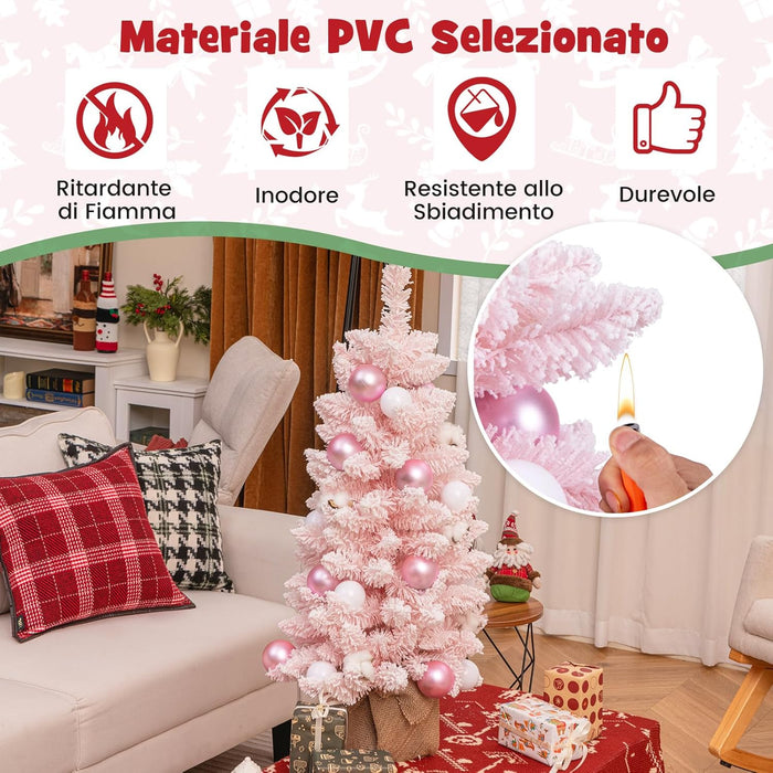 Albero di Natale Artificiale Mini 90 cm, Albero di Natale Innevato da Tavolo con 12 Palline di Cotone Naturale, 24 Palline Decorative e Rami Imbiancati, Decorazione per Feste (Rosa)