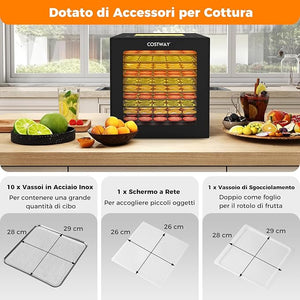 Essiccatore Alimentare 850W Con 10 Vassoi Inox, 10 Programmi, Temperatura da 30 a 75℃, Funzione Timer 48h, Disidratatore per Frutta, Carne, Verdure, Erbe
