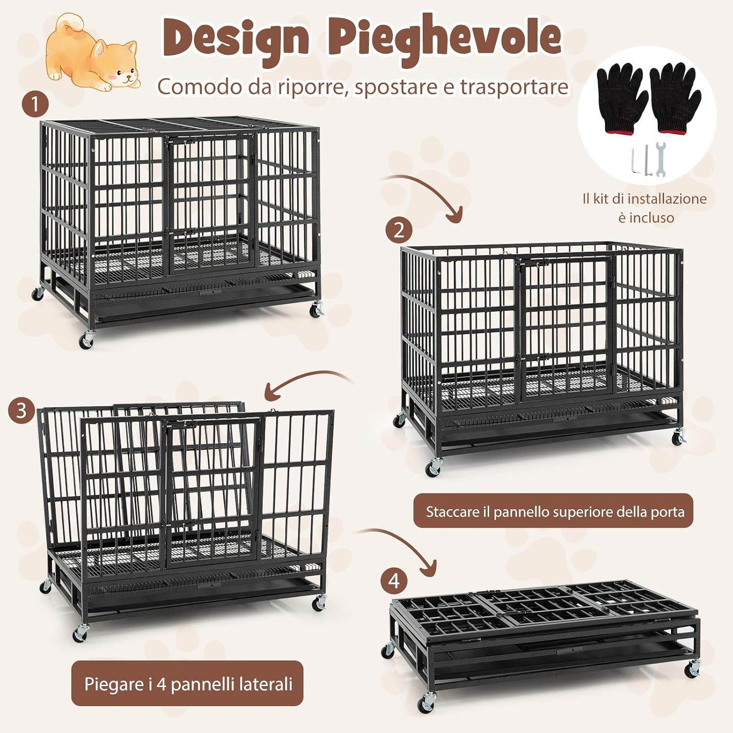 Gabbia per Cani in Metallo Pieghevole, Gabbia per Cani Anti-masticazione con Ruote, Vassoio Rimovibile e 2 Porte, Gabbia da Interno ed Esterno per Cani Media e Grande (96 x 65 x 77 cm)