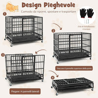 Gabbia per Cani in Metallo Pieghevole, Gabbia per Cani Anti-masticazione con Ruote, Vassoio Rimovibile e 2 Porte, Gabbia da Interno ed Esterno per Cani Media e Grande (96 x 65 x 77 cm)