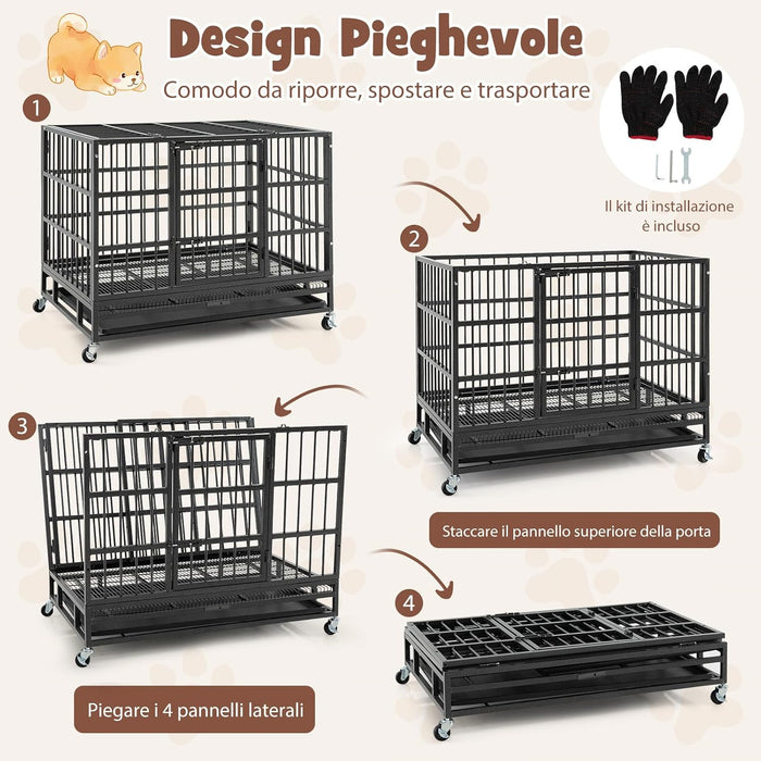 Gabbia per Cani in Metallo Pieghevole, Gabbia per Cani Anti-masticazione con Ruote, Vassoio Rimovibile e 2 Porte, Gabbia da Interno ed Esterno per Cani Media e Grande (96 x 65 x 77 cm)