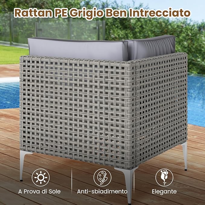 Set di Mobili da Esterno 5 Pezzi, Set da Conversazione in Rattan con Cuscini e Tavolino in Vetro Temperato, Tavolino e 4 Divani per Cortile, Bordo Piscina e Veranda (Modello 4,5 pezzi)