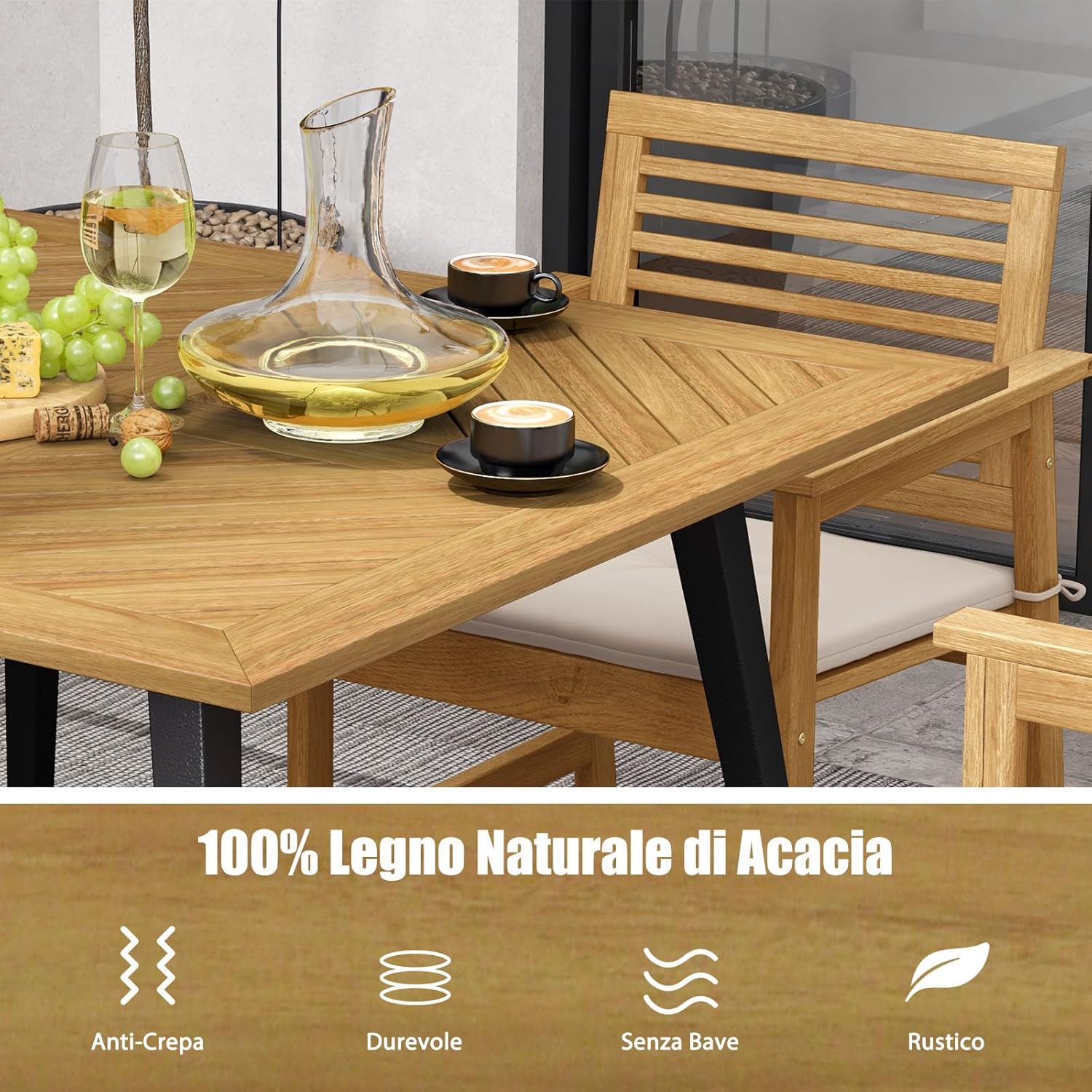Tavolo da Giardino in Legno di Acacia, Tavolo Rettangolare con Struttura in Acciaio e Foro per Ombrellone, Tavolo da Pranzo Giardino Ideale per Giardino Cortile Balcone (107 x 107 cm)