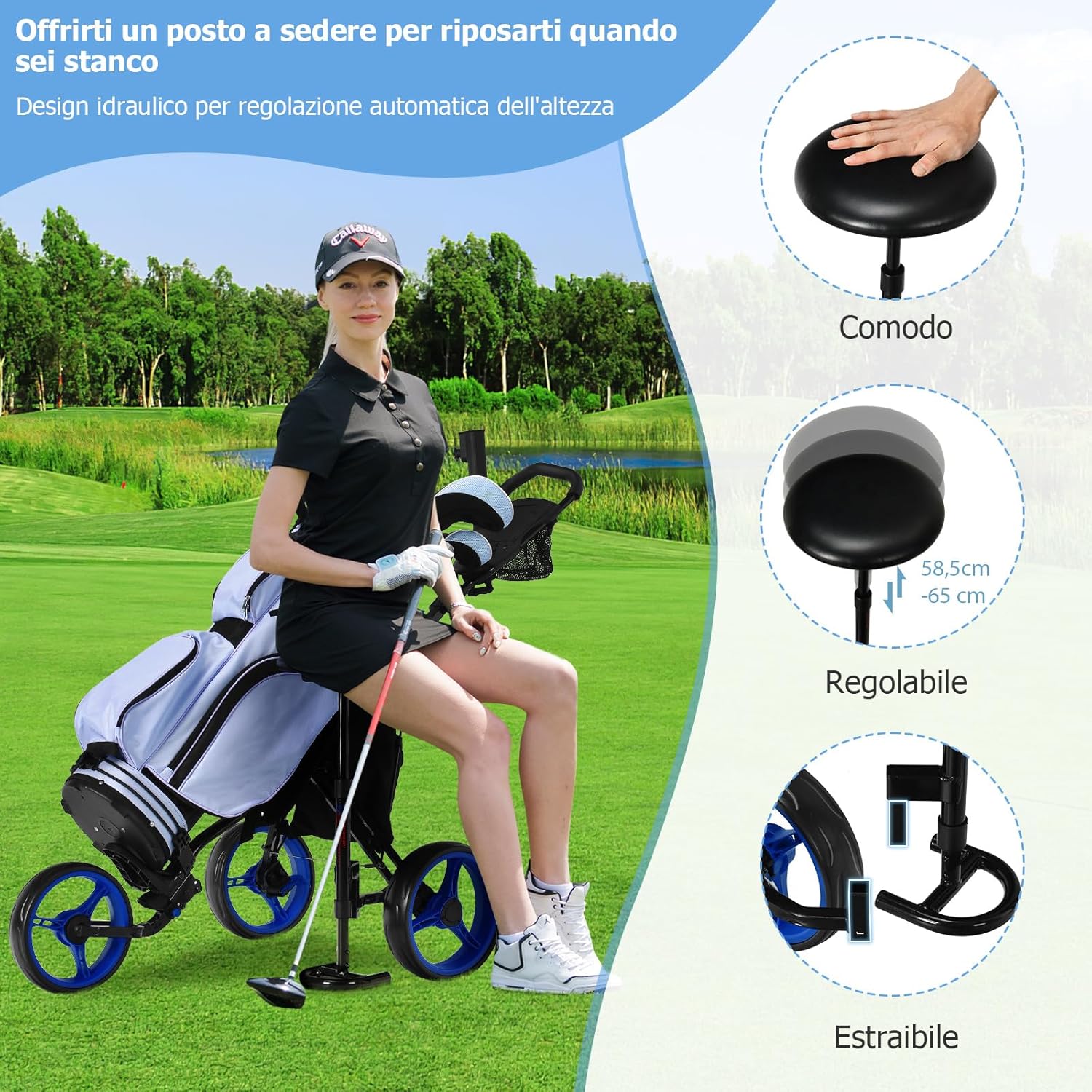 Carrello da Golf Pieghevole con 3 Ruote, Trolley da Golf Altezza Regolabile di Alluminio con Sedile, Porta Ombrello e Porta Bevande