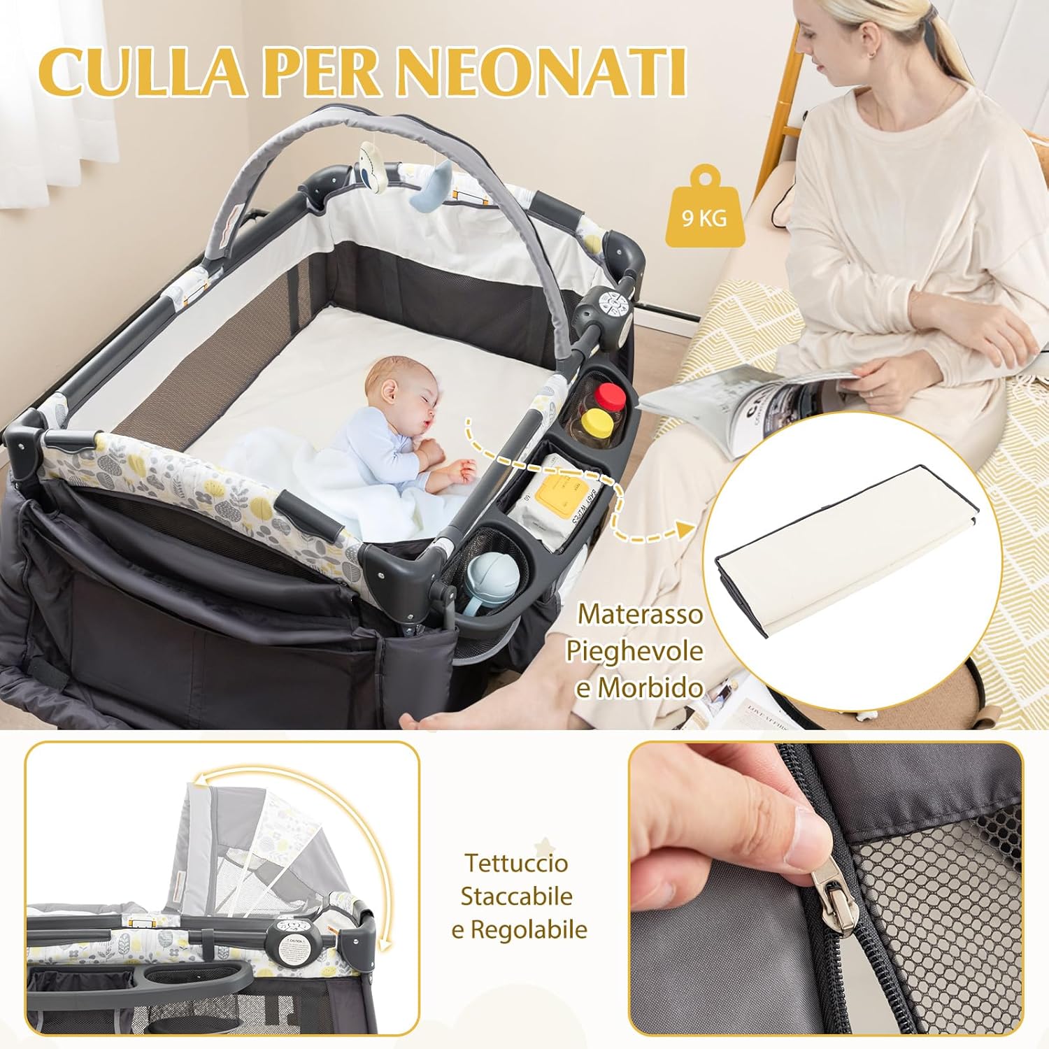 4 in 1 Lettino da Campeggio con Fasciatoio, Lettino Pieghevole per Bambini con Materasso, Centro Neonati con Culla, Box Musicale, Cappottina Regolabile, Borsa da Viaggio (Foglie)