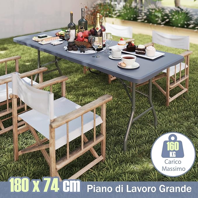 Tavolo Pieghevole Portatile da 180/245 cm, Tavolo da Campeggio in HDPE, Meccanismo di Blocco Sicuro, Tavolo da Picnic con Maniglia, Portata 160 kg (180 cm,Grigio)