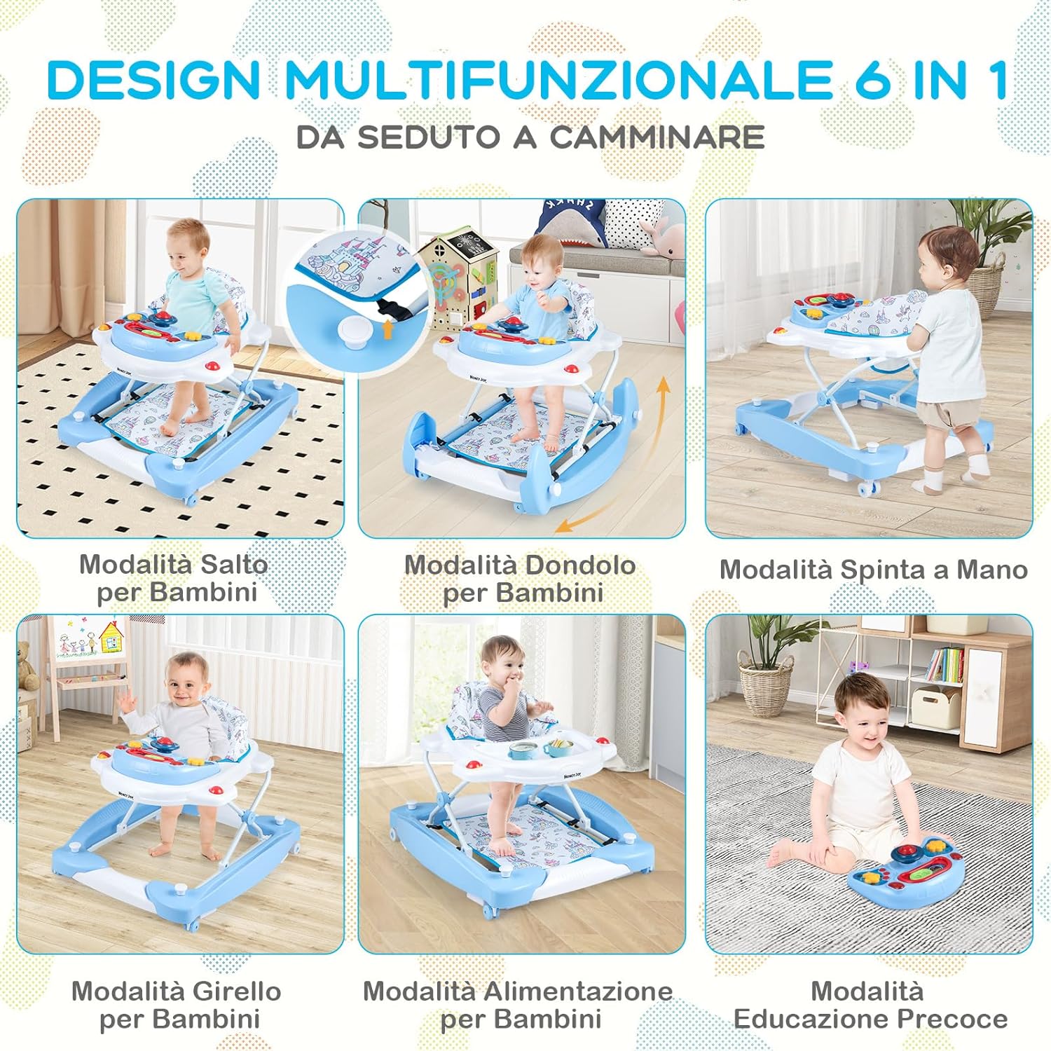 Girello per Bambini 6 in 1, Primi Passi per Neonati con Altezza Regolabile, Sedia a Dondolo per Bambini, Girello Pieghevole con Vassoio Musicale, Cuscino, per Bambini 6+ Mesi (Blu)
