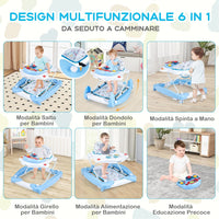 Girello per Bambini 6 in 1, Primi Passi per Neonati con Altezza Regolabile, Sedia a Dondolo per Bambini, Girello Pieghevole con Vassoio Musicale, Cuscino, per Bambini 6+ Mesi (Blu)