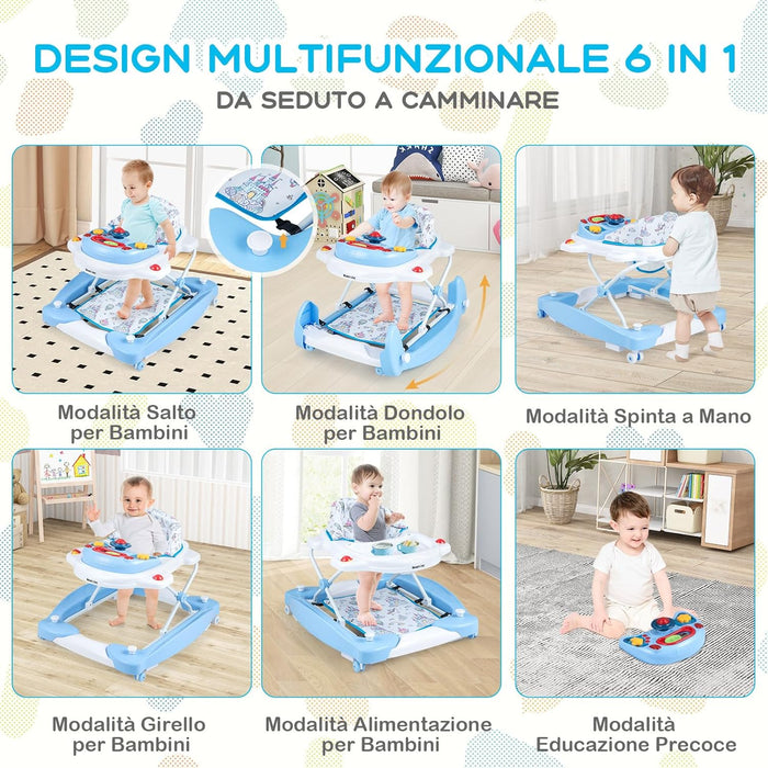 Girello per Bambini 6 in 1, Primi Passi per Neonati con Altezza Regolabile, Sedia a Dondolo per Bambini, Girello Pieghevole con Vassoio Musicale, Cuscino, per Bambini 6+ Mesi (Blu)