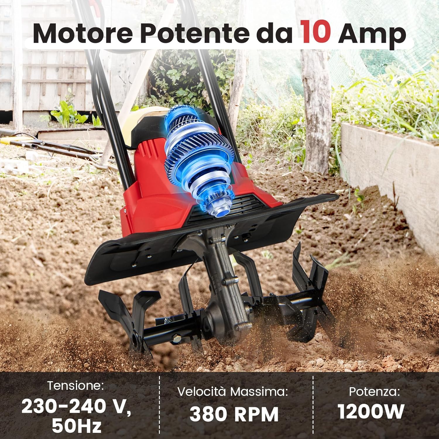 Motozappa Elettrica a Filo, Zappatrice da Giardino con Manico Ergonomico e Motore Forte, Motocoltivatore Pieghevole per Scavare Terreno del Prato (36,5 x 24 x 138 cm,Rosso)