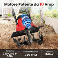 Motozappa Elettrica a Filo, Zappatrice da Giardino con Manico Ergonomico e Motore Forte, Motocoltivatore Pieghevole per Scavare Terreno del Prato (36,5 x 24 x 138 cm,Rosso)