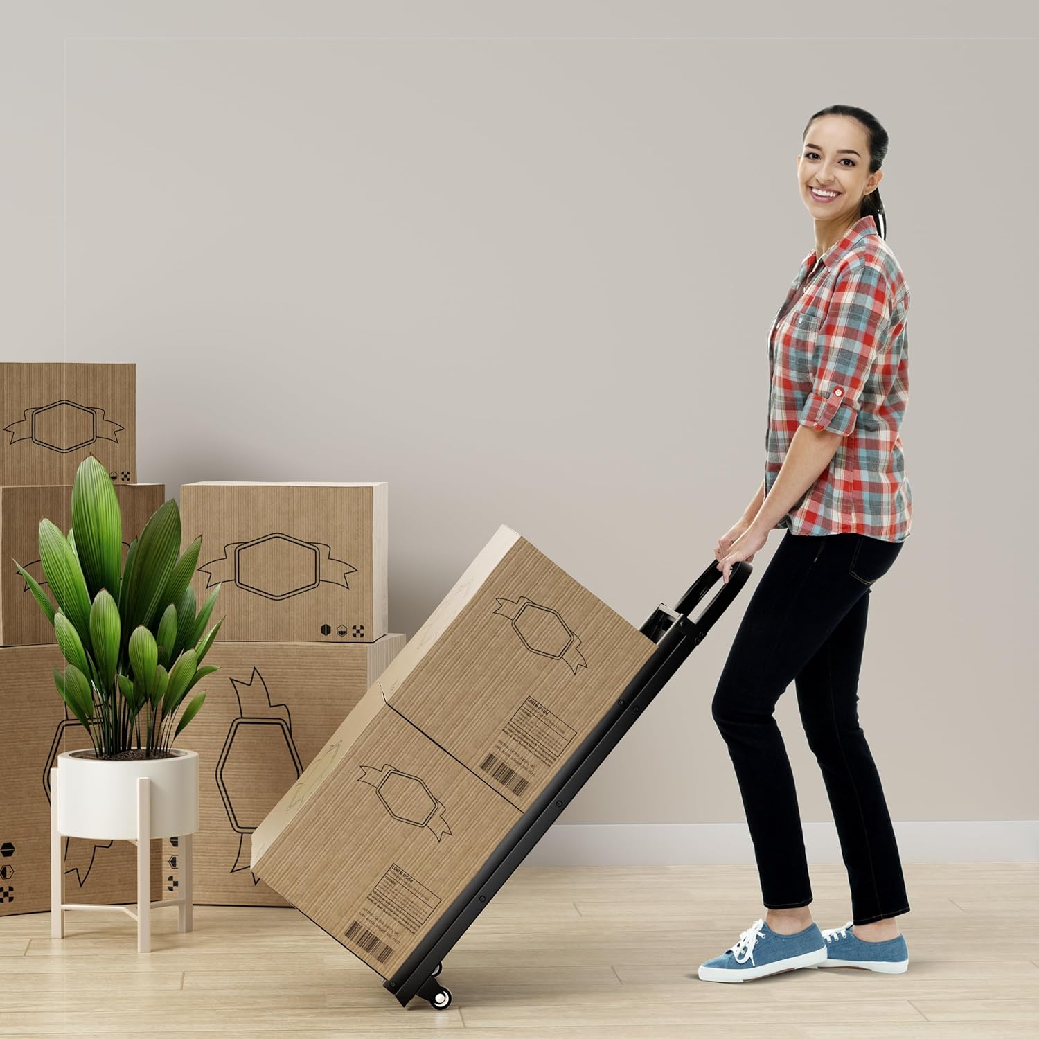 Scala a 3 Gradini Pieghevole con Ruote, 2 in 1 Scala e Carrello a Mano, Carrello a Mano con Ampie Pedane, Carrello Portapacchi a Scala in Metallo, Carico Massimo 250 kg