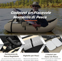 Belly Boat da Pesca Portatile, Gommone Gonfiabile da Pesca con Porta Canne Regolabile, Pompa, Pagaia in Alluminio, Spallacci e Kit di Riparazione, Barca da Mare con 2 Pinne, capacità 160kg