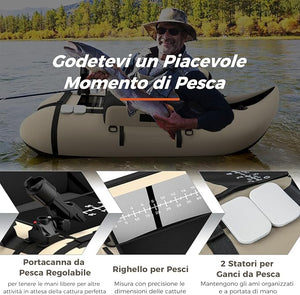 Belly Boat da Pesca Portatile, Gommone Gonfiabile da Pesca con Porta Canne Regolabile, Pompa, Pagaia in Alluminio, Spallacci e Kit di Riparazione, Barca da Mare con 2 Pinne, capacità 160kg