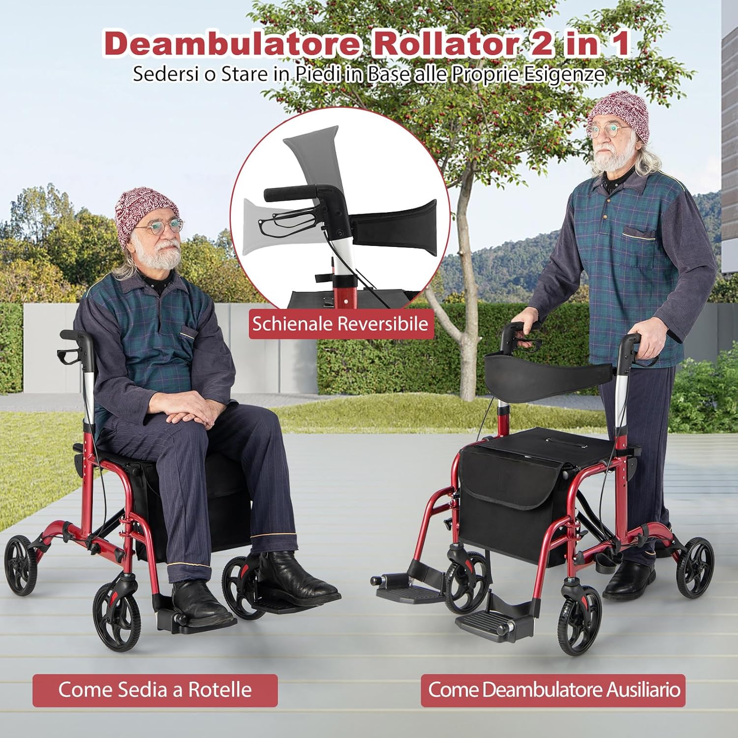 Deambulatore Multiuso 2 in 1, Deambulatore per Anziani in Alluminio con Altezza Regolabile a 6 Livelli, Poggiapiedi Pieghevole (Rosso)