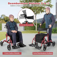 Deambulatore Multiuso 2 in 1, Deambulatore per Anziani in Alluminio con Altezza Regolabile a 6 Livelli, Poggiapiedi Pieghevole (Rosso)