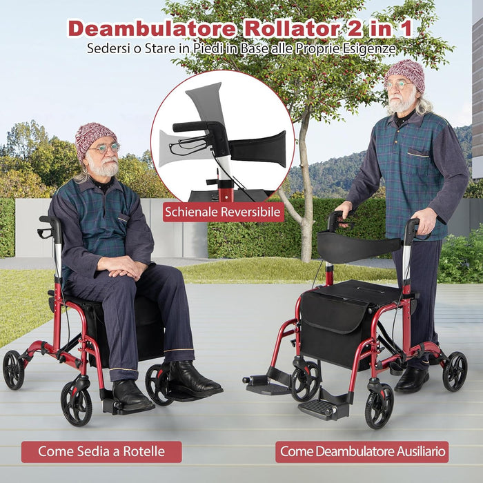 Deambulatore Multiuso 2 in 1, Deambulatore per Anziani in Alluminio con Altezza Regolabile a 6 Livelli, Poggiapiedi Pieghevole (Rosso)