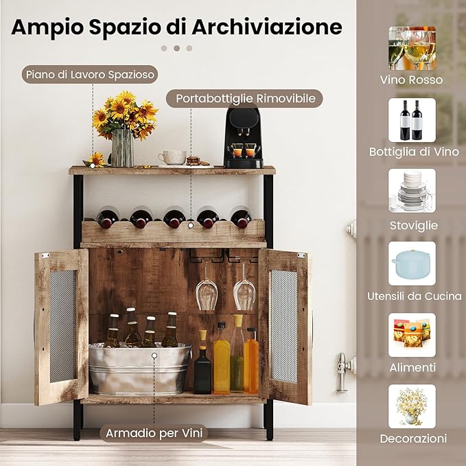 Armadio per Vino con Portaoggetti, Portabottiglie di Vino con Portabottiglie e Porta Bicchieri Rimovibili, Armadietto con Portabottiglie, 60 x 34 x 79 cm (Marrone Chiaro)