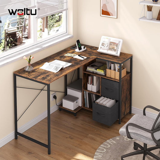 Scrivania Angolare a L - Scrivania Ufficio 120x80x75 cm, con Prese USB-A e Type-C, Ripiano Reversibile e Vano, Struttura in Metallo, Design Salvaspazio per Ufficio/Casa, Marrone Vintage