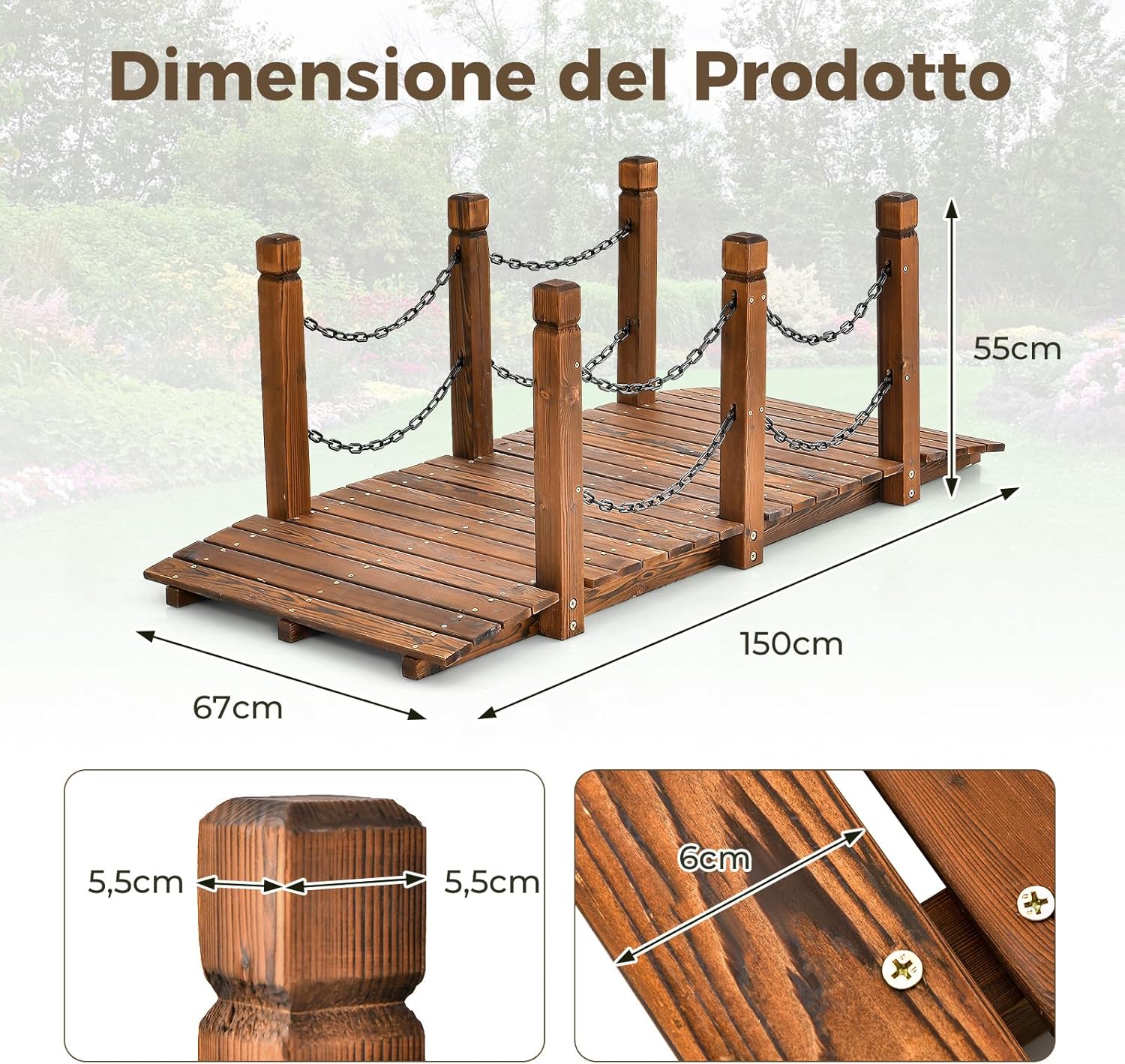 Ponte da Giardino in Legno, Ponte Decorativo con Finitura Tinta e Catena di Sicurezza, Ponte ad Arco in Legno per Giardino, Patio, Cortile e Fattoria, Carico 80 kg