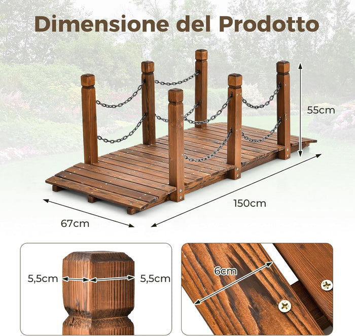 Ponte da Giardino in Legno, Ponte Decorativo con Finitura Tinta e Catena di Sicurezza, Ponte ad Arco in Legno per Giardino, Patio, Cortile e Fattoria, Carico 80 kg