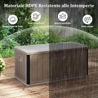 Baule da Esterno 378 L Impermeabile, Cassapanca Contenitore in Resina con Coperchio Bloccabile, Contenitore Salvaspazio per Giardino e Cortile, 130 x 64 x 59 cm (Marrone)