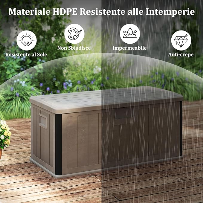 Baule da Esterno 378 L Impermeabile, Cassapanca Contenitore in Resina con Coperchio Bloccabile, Contenitore Salvaspazio per Giardino e Cortile, 130 x 64 x 59 cm (Marrone)