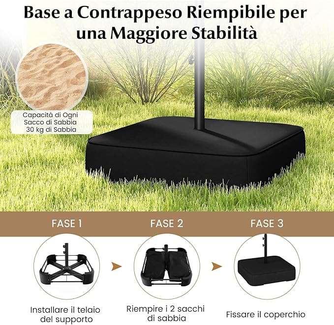 Ombrellone Doppio da Giardino 400 x 200 cm, Ombrellone Rettangolare con Base, Parasole Esterno con Manovella e 12 Stecche, per Giardino Piscina Patio