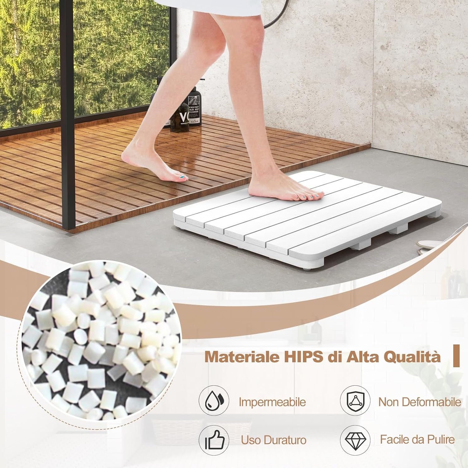 Tappetino Antiscivolo per Doccia, Tappetino da Doccia Impermeabile per Bagno, Piedini Antiscivolo per Vasca Piscina Spa, per Uso Interno ed Esterno (60 cm x 48 cm, Bianco)