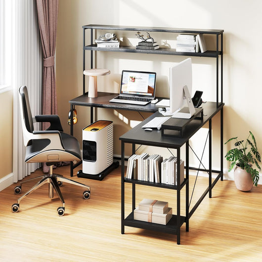 Scrivania per computer a forma di L convertibile con LED, ripiani aperti e supporto per monitor, gancio laterale, stazione di ricarica, 145 x 145 cm, per ufficio, studio (nero)