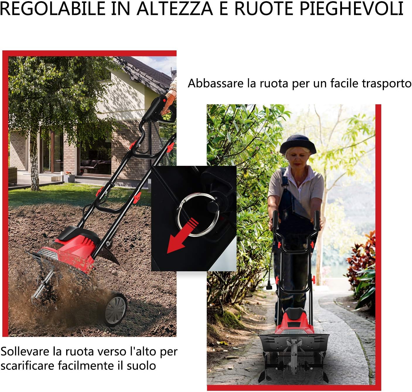 Zappatrice Elettrica Dissodatore Coltivatore per Giardino, Motozappa 230V, Rosso Nero (1200W, 36cm)