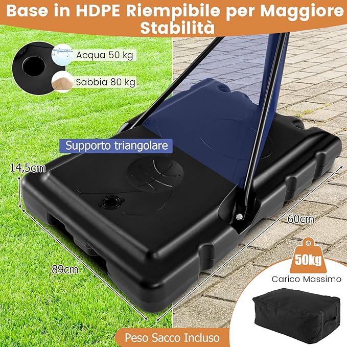 Canestro da Basket Regolabile 125-305 cm in Altezza per Bambini ed Adulti, Canestro con Piantana a Ruote, Canestro con Asta e Base Riempibile per Interno ed Esterno, Nero