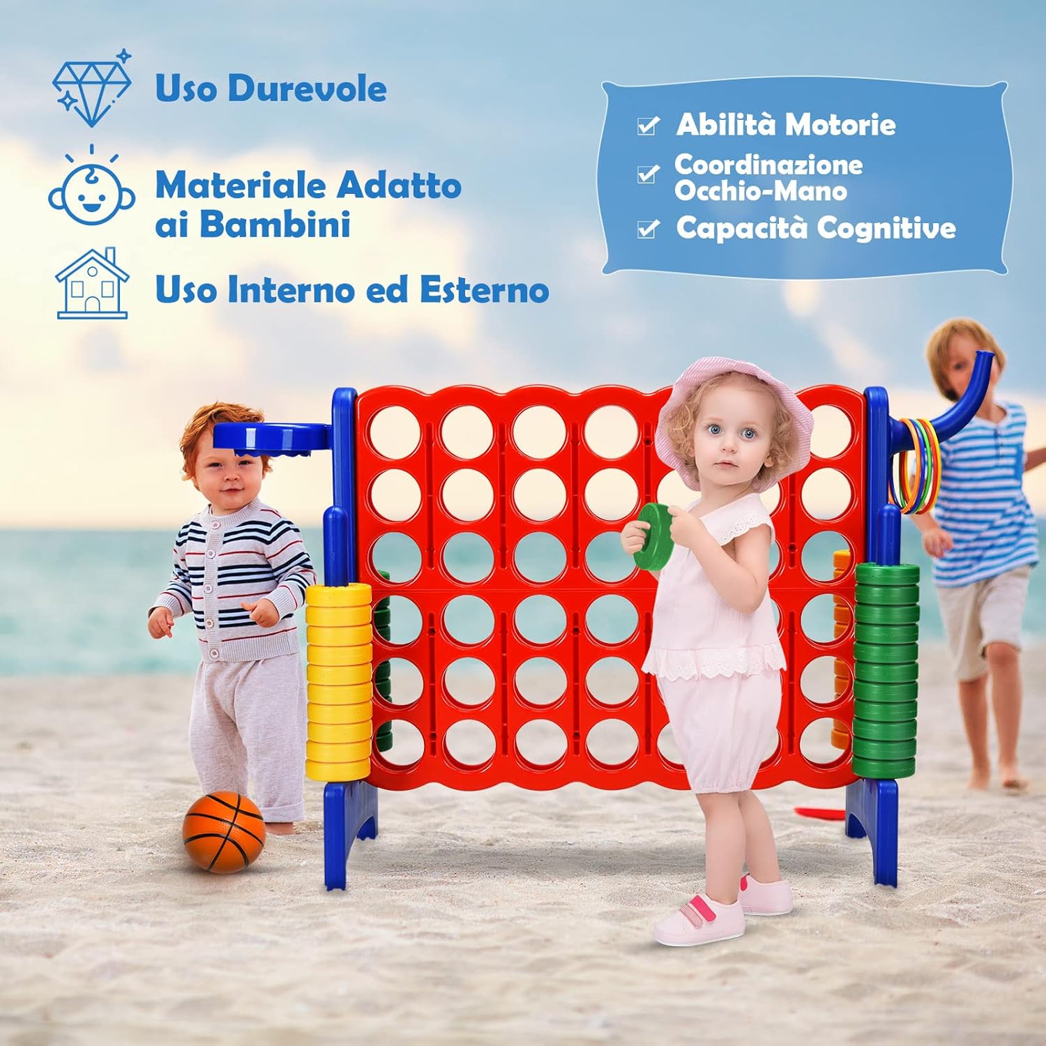 Forza 4 gigante, Set forza 4 per bambini e adulti, Con canestro e gioco di lancio, Perfetto per feste di compleanno e vacanze (Blu)