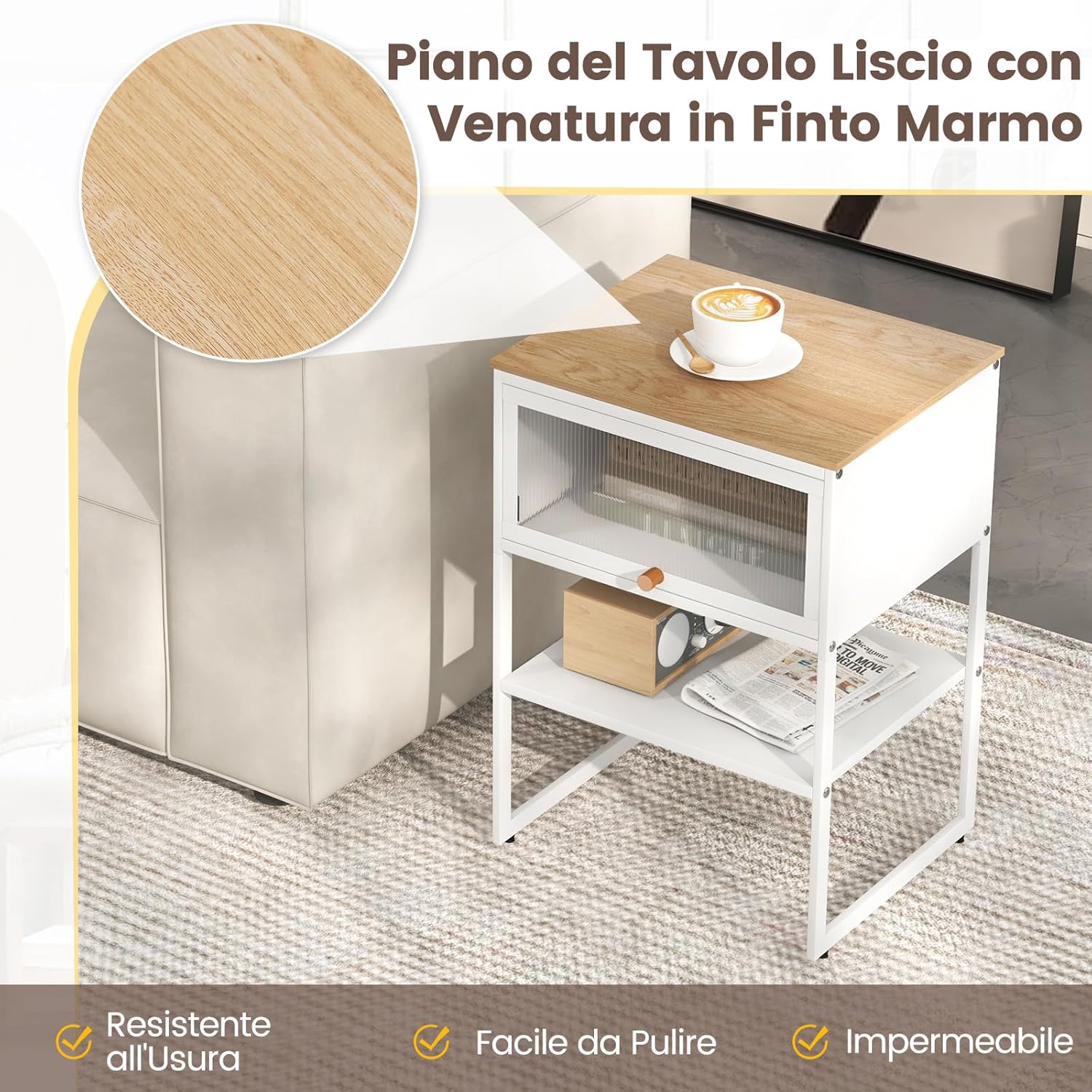 Tavolino con Anta a Ribalta, Tavolino da Divano o Letto a 3 Livelli con Ripiano di Archiviazione, Comodino Moderno per Soggiorno e Camera da Letto, 40 x 32 x 56 cm (Bianco)