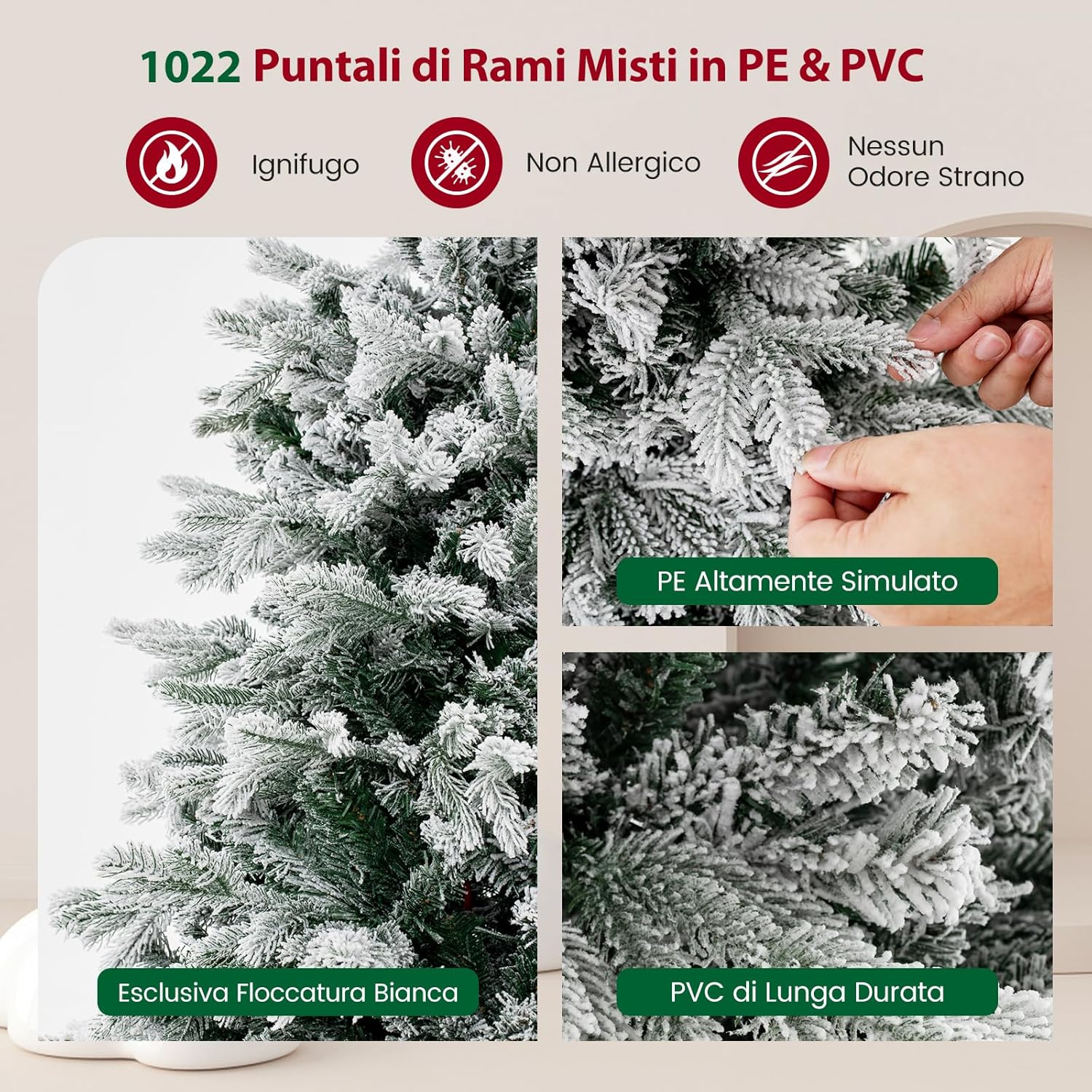 Albero di Natale Innevato135/180 cm, Albero di Natale Pre-Illuminato con Cerniera con 688/1022 Punte di Rami PE PVC & 200/350 Luci LED Bianche Calde per Casa e Ufficio (180 cm)