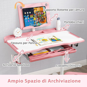 Set di Scrivania e Sedia per Bambini 3+ Anni, Scrivania Regolabile in Altezza con Piano Inclinabile, Supporto per Libri & Barra Poggiapiedi e Sedia Ergonomica, Ideale per Disegno (Rosa)