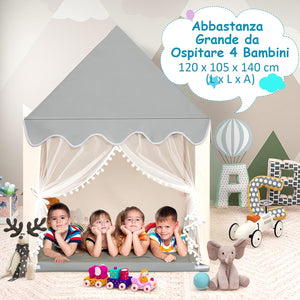 Tenda da Gioco per Bambini, Casetta per Bambini con Struttura in Solido Legno, Tappetino di Cotone, Tenda a Rete e Finestre, 105x120x140 cm (grigio e beige)