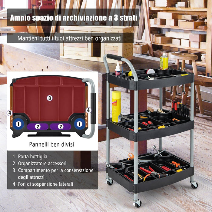 Carrello per Utensili a 3 piani, Carrello Porta Attrezzi su ruotedi Bloccaggio,Capacità 45kg, Organizzatore di strumenti con Pannelli Ben Divisi, per garage per officina per accessori