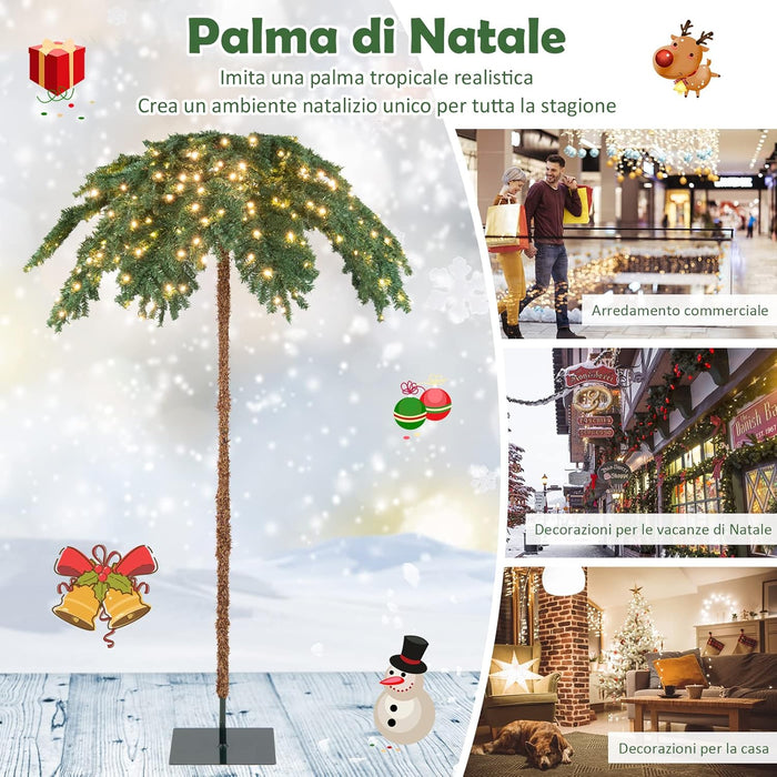 Albero di Natale da 180 cm, Albero di Natale con Luci e a Forma di Palma, con 250 Luci LED Bianco Caldo, 813 Rami, Struttura a Cerniera e Supporto, Ideale per Casa e Negozio