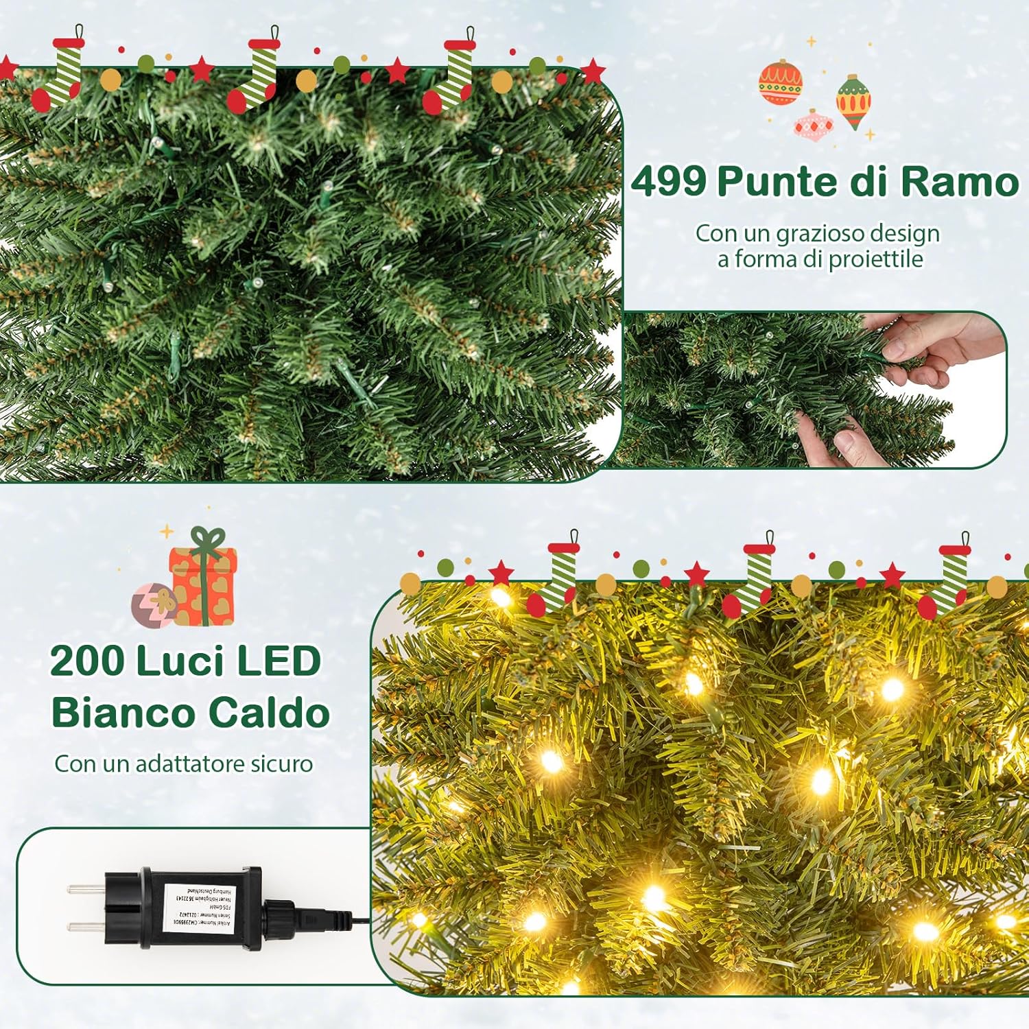 Albero di Natale Slim da 150/180/210 CM, Albero di Natale Artificiale con 296/390/499 Punte di Ramo, 150/180/200 Luci LED Bianche Calde, Supporto Pieghevole in Metallo (210 cm)