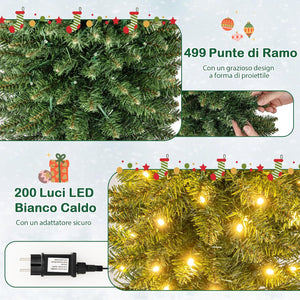 Albero di Natale Slim da 150/180/210 CM, Albero di Natale Artificiale con 296/390/499 Punte di Ramo, 150/180/200 Luci LED Bianche Calde, Supporto Pieghevole in Metallo (210 cm)